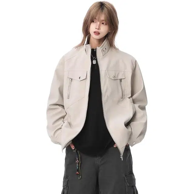 拓菲 美式复古立领春秋季潮牌皮衣外套情侣上衣飞行机车服装工装夹克男 男女同款