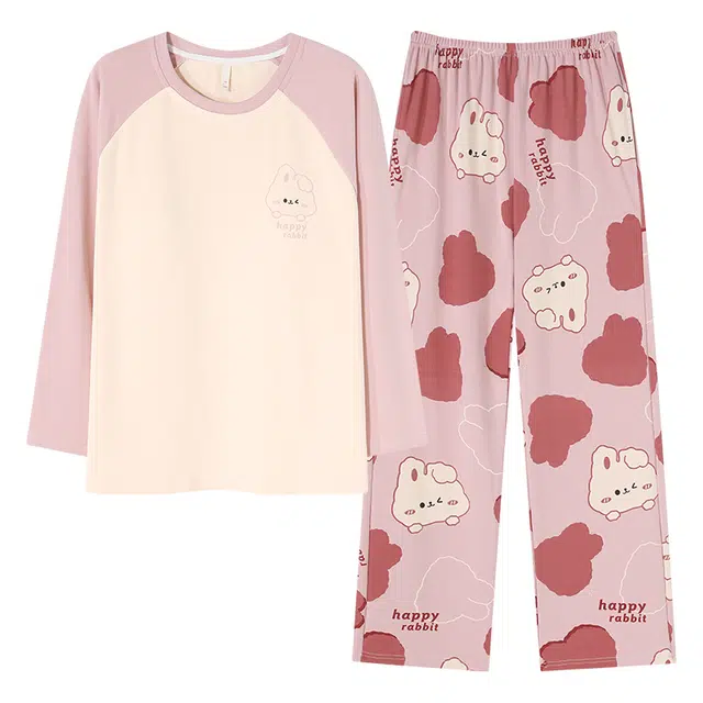 帕兰朵 女纯棉春秋款长袖长裤圆领可爱卡通休闲宽松可外穿家居服睡衣套装 女款