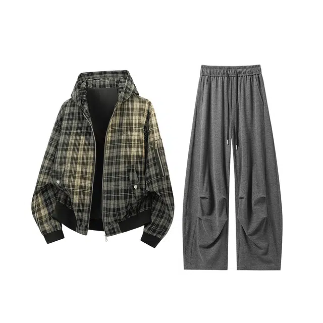 素杭 美式复古格子连帽夹克外套搭配松紧腰垂感廓形弯刀阔腿裤两件套潮流穿搭一整套休闲运动套装 男女同款