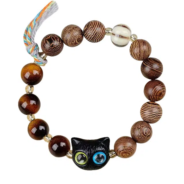 琛宬 招财纳福多财多福可爱呆萌大眼猫咪复古民族风时尚百搭小清晰时来运转创意精致小众佛珠#好运 鸡翅木 手串 男女同款情侣款