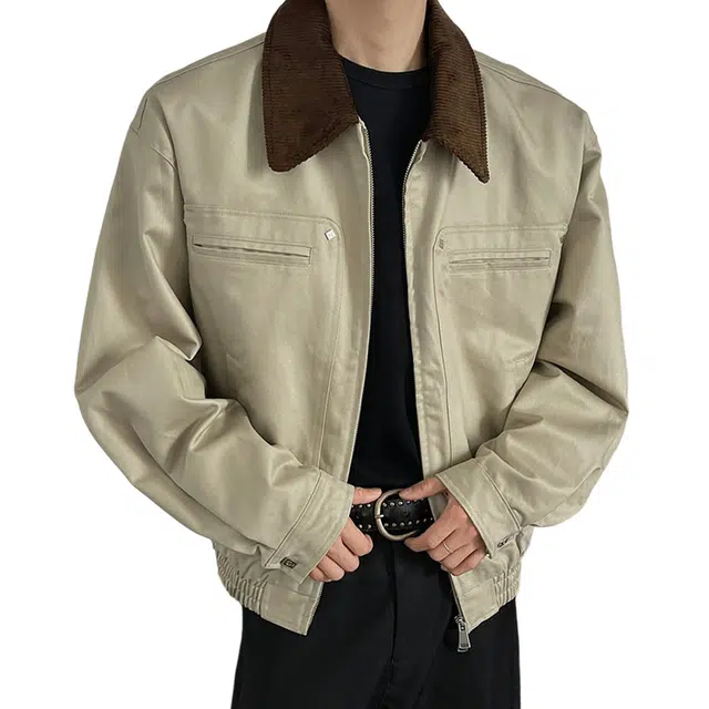 冈哉 解构拼接金属铆钉装饰撞色翻领设计美式复古高街时尚简约穿搭帅高级感夹克外套 男女同款