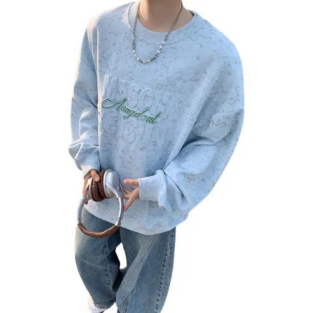 左岸 春秋青少年港风时尚潮牌休闲宽松凸版字母印花长袖圆领上衣百搭帅气穿搭舒适慵懒风卫衣 男款