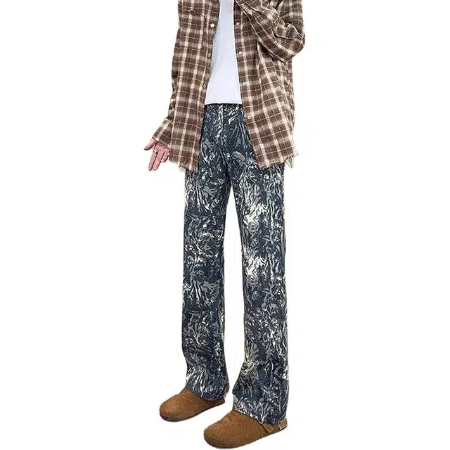 如续 小众设计高街复古扎染感直筒裤晕染花色宽松阔腿迷彩裤子牛仔裤 男女同款