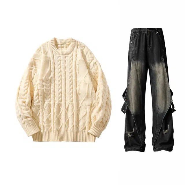 陆与山屿 美式高街慵懒风字母刺绣柔软舒适宽松休闲圆领套头高级韩系氛围感基础简约长袖毛衣百搭外套校园男女生牛仔裤子情侣套装