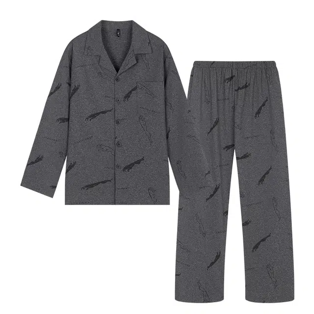 宫蝶 爽肤棉长袖开衫满印休闲家居服复古风大码可外穿睡衣套装 男款