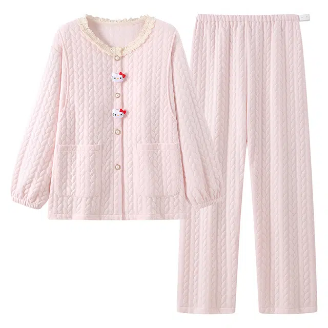 宫蝶 月子服产后哺乳带胸垫长袖产妇家居服夹层棉可调节腰围保暖睡衣套装 女款