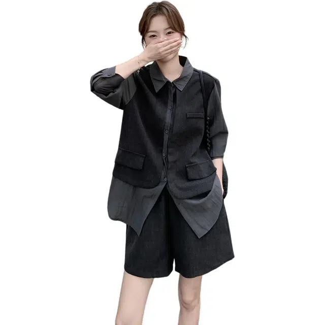 稻草人 复古设计感小个子轻熟风撞色拼接衬衫短裤两件套休闲套装 女款