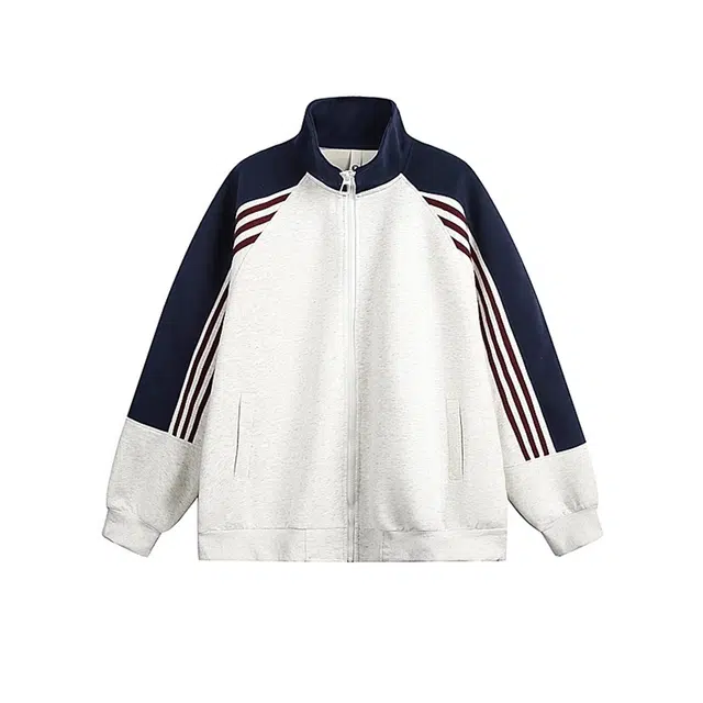 虫小绿 美式复古重磅三条杠撞色立领棒球服春秋季宽松休闲夹克外套条纹拼接设计感情侣款开衫拉链卫衣 男女同款