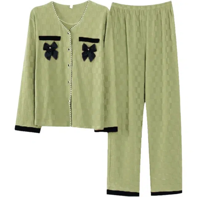 浮光岛屿 简约纯色甜美可爱口袋高级感长袖长裤家居服舒适亲肤透气可外穿宽松休闲睡衣套装 女款 礼盒装 绿色