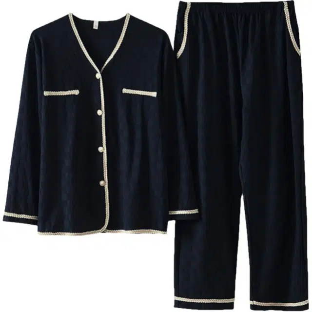 浮光岛屿 简约纯色时尚可爱高级感长袖长裤家居服舒适亲肤透气可外穿休闲睡衣套装 女款 礼盒装 黑色