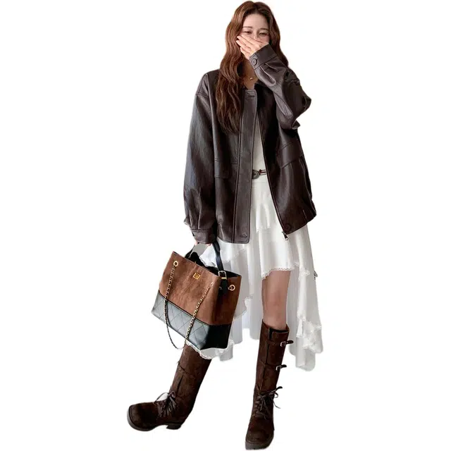 稻草人 酷感街头风宽松廓形休闲炸街爆款皮夹克外套皮衣 女款