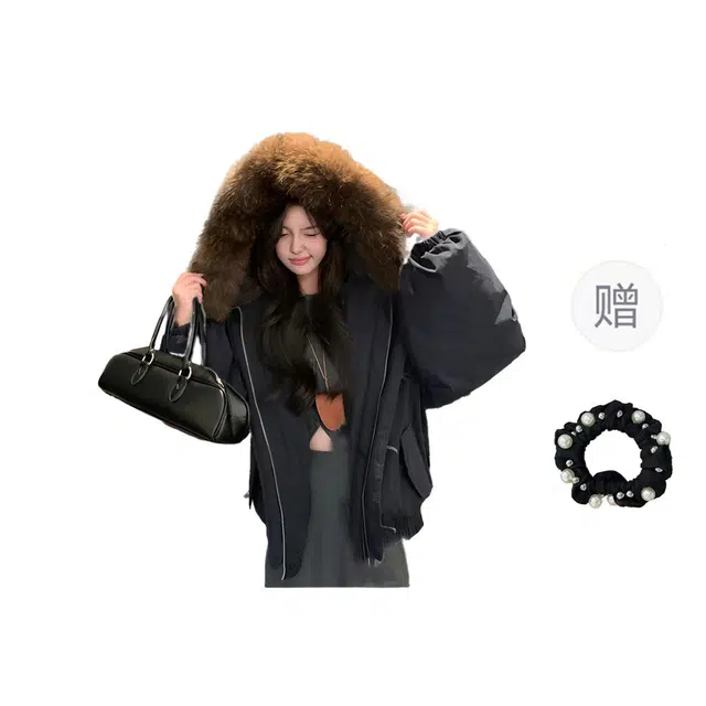 雾闪闪 牛角扣大毛领连帽外套女短款冬季韩系小个子加厚工装派克服棉服 女款