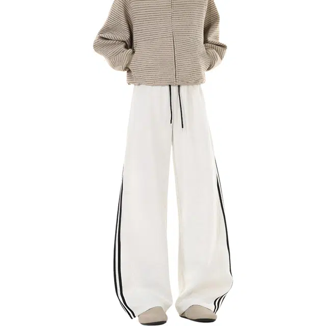 孜讯 秋季美式高街基础款侧边撞色条纹拼接设计感简约弯刀裤百搭宽松柔软舒适日常通勤垂感休闲裤 男女同款