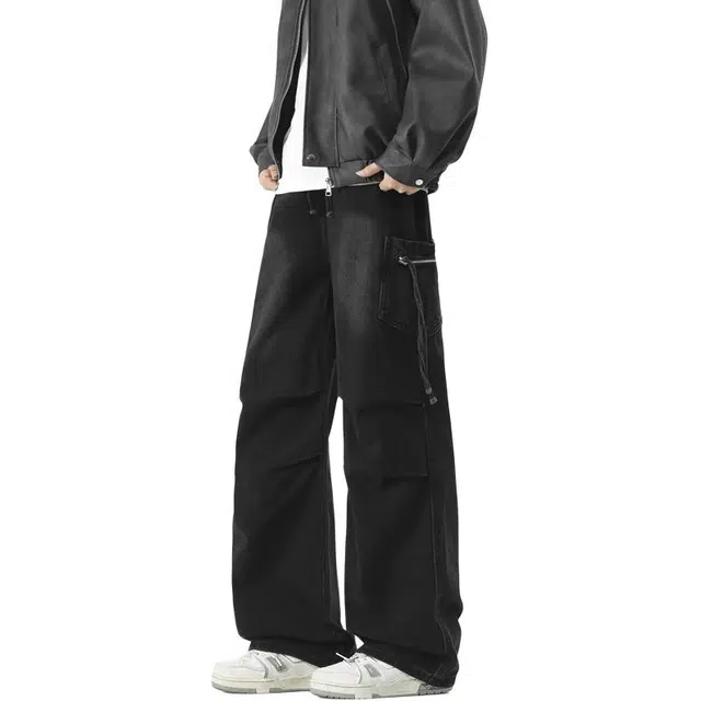 棉基因 美式高街水洗做旧复古褶皱宽松直筒垂感舒适简约时尚潮流百搭工装牛仔裤 男女同款