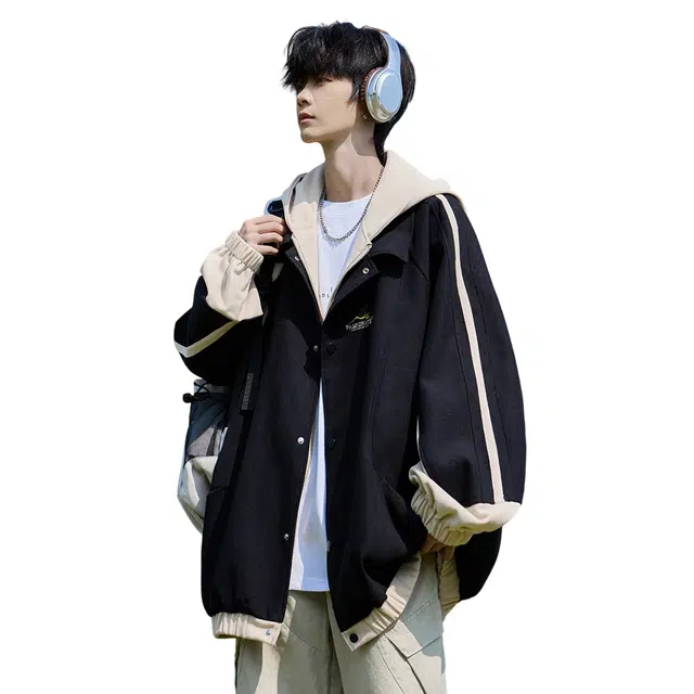 顶峰保罗 港风假两件撞色连帽外套潮牌宽松户外无性别主义简约时尚痞帅百搭运动大码休闲夹克 男女同款