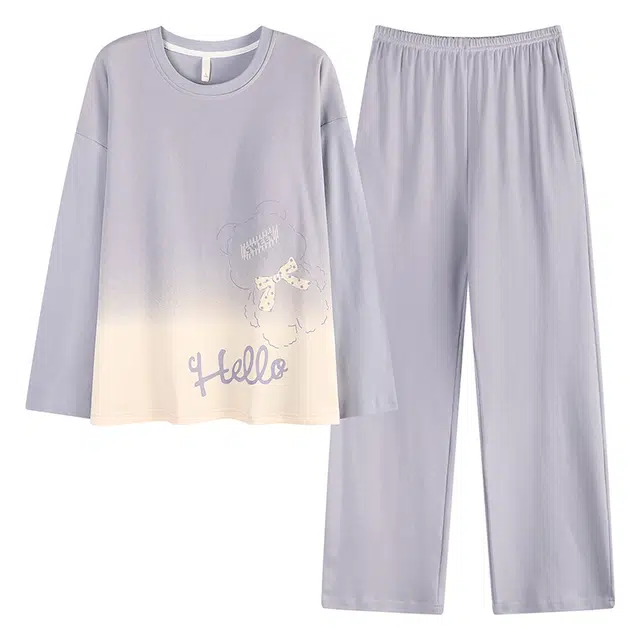 帕兰朵 春秋纯棉长袖带休闲简约带胸垫一体家居服冬季女士舒适睡衣套装 女款