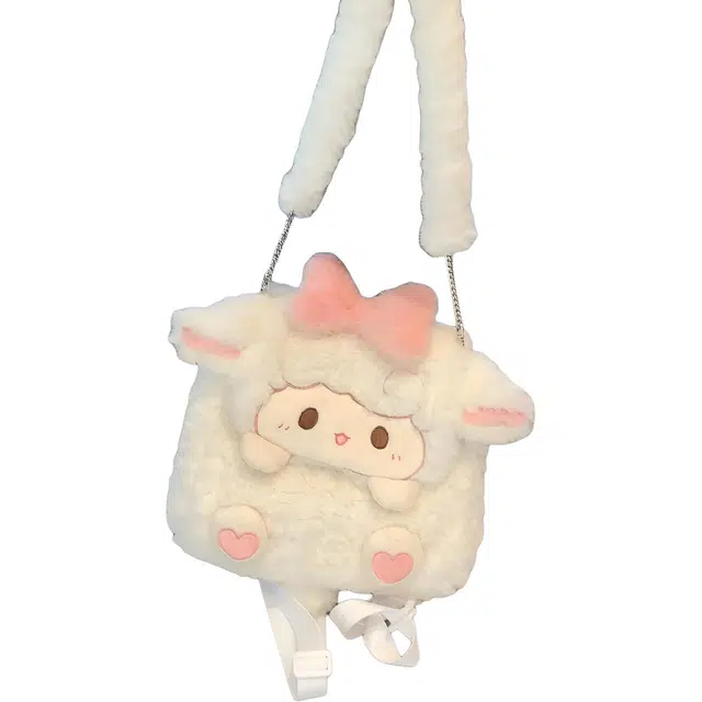 绿野客 高颜值小企鹅毛绒包包 甜美玩偶公仔单肩斜挎包 卡通蝴蝶结 尼龙 双肩包 白色