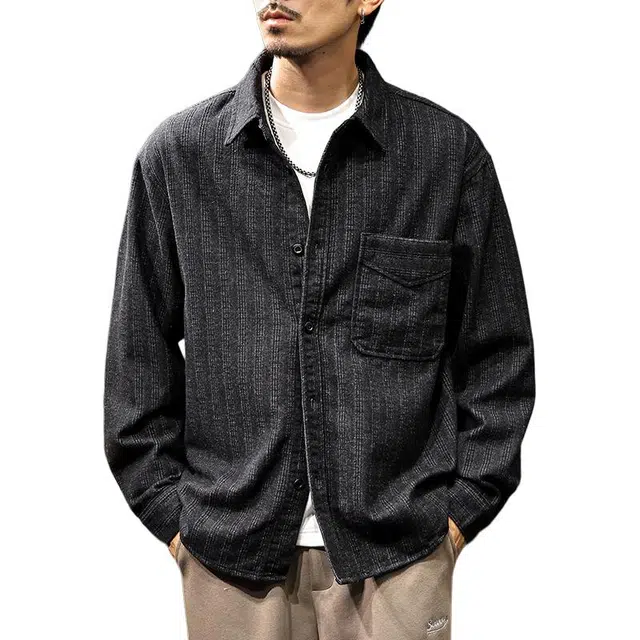 路杰邦 日系复古高端衬衣男长袖秋季潮牌痞帅美式竖条纹宽松翻领开衫外套 衬衫 男款