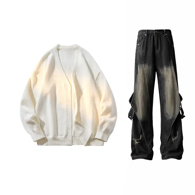 陆与山屿 美式高街慵懒风字母刺绣柔软舒适宽松休闲针织开衫双拉链高级韩系氛围感基础简约长袖毛衣百搭外套设计感校园牛仔裤情侣套装