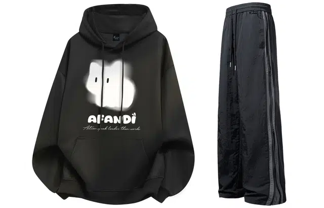 阿凡迪 美式复古街头简约基础创意幻影眩晕卡通猫咪字母印花宽松舒适百搭时尚潮流通勤连帽长袖卫衣中腰防风防水直筒裤套装 男女同款