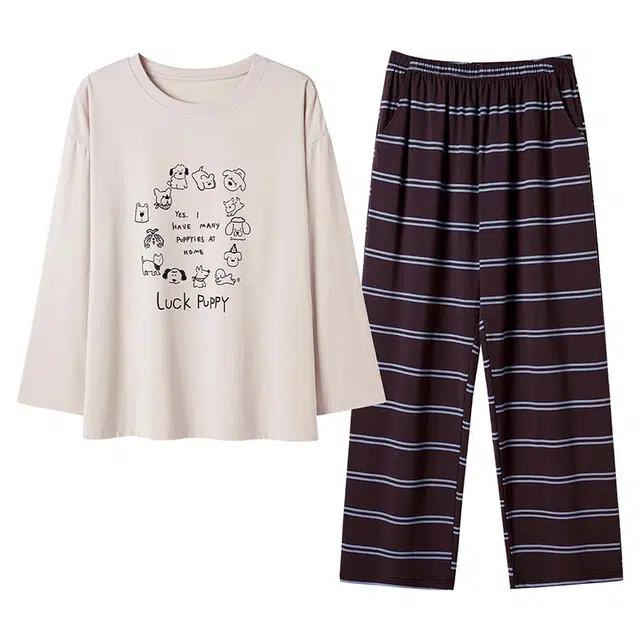 潞优野 简约时尚舒适休闲条纹可爱柔软睡衣套装 女款