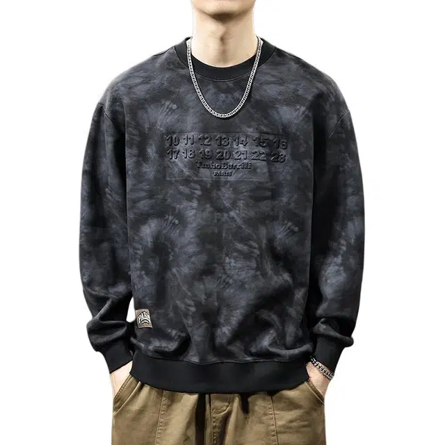 前进牛 秋季美式复古经典潮流潮牌扎染钢印极简风重磅圆领上衣设计感休闲户外百搭痞帅套头外套卫衣 男款