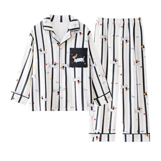 俏霓桐 卡通条纹翻领青少年学生纯棉开衫舒适可外穿家居服宿舍时尚睡衣套装 男款