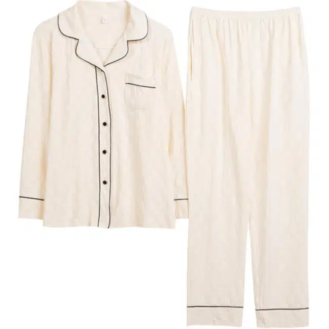 浮光岛屿 简约纯色超柔软翻领口袋高级感长袖长裤家居服舒适亲肤透气可外穿宽松休闲睡衣套装 女款 礼盒装 杏色