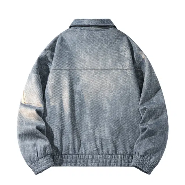 敦煌博物馆 美式复古翻领扎染提花字母万针刺绣仿牛仔工装外套无性别主义宽松大码休闲户外通勤防风舒适百搭夹克 男女同款