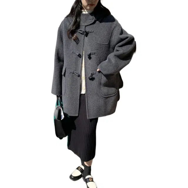 邓大喵 秋冬连帽牛角扣双面毛呢女小个子百搭减龄外套好看大衣 女款