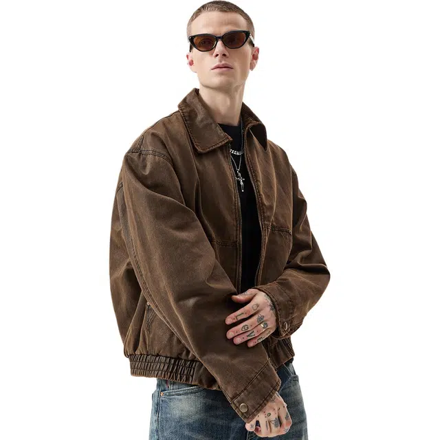 逆腾 秋季巴安油蜡皮工装外套男美式复古宽松短款男士休闲翻领夹克 男女同款