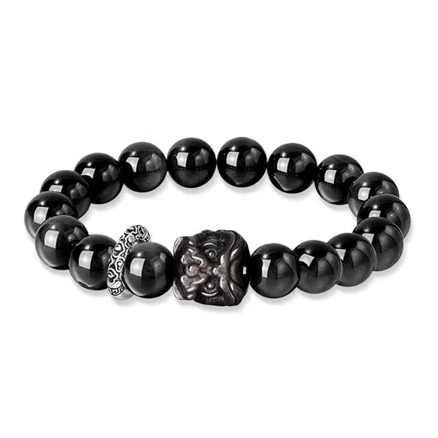 一世倾 祥云醒狮国潮浪漫新中式经典小众大气狮子设计通勤高级轻奢日常百搭转运礼盒好运天然 黑曜石 手串 男女同款情侣款