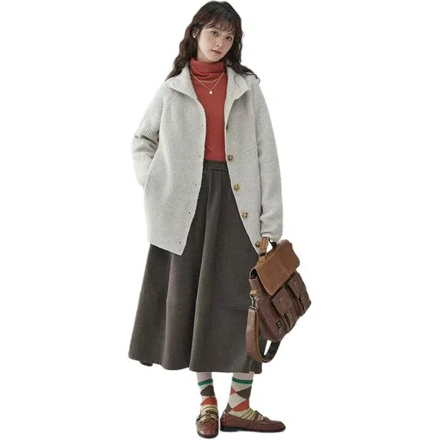 沐晓欣 灰色翻领单排扣开衫女秋装韩版宽松上衣针织衫 女款