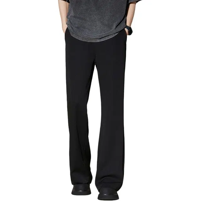 华夏儿女 美式高街西裤男士潮流微喇直筒长裤冰丝速干宽松简约商务中腰纯色垂坠感百搭潮牌休闲裤 男款