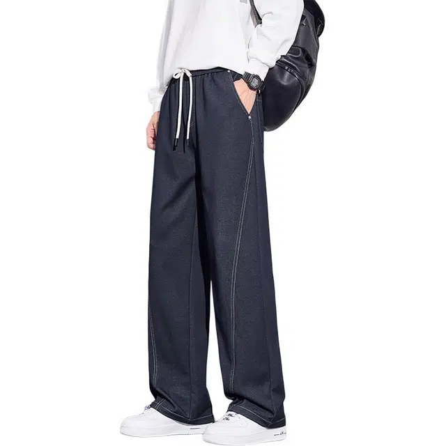 协协乐 高街风拼接氛围感丹宁原牛原色春秋季美式复古做旧水洗潮牌宽松阔腿拖地裤垂坠感青少年弹力抽绳痞帅百搭休闲运动长裤牛仔裤 男款