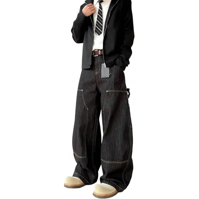 如续 复古丹宁黑色阔腿弯刀长裤潮流简约设计感中性美式百搭直筒宽松牛仔裤 男女同款
