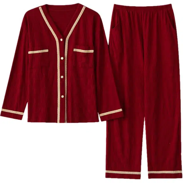 浮光岛屿 休闲简约纯色高级感长袖长裤家居服舒适亲肤透气可外穿睡衣套装 女款 礼盒装 红色