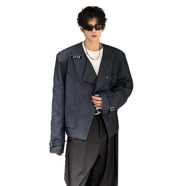 艾梵斯贝 美式复古潮流垫肩立体剪裁中式秀场小众设计款高级感日常通勤百搭宽松休闲时尚轻奢商务气质个性街头潮酷夹克 男款