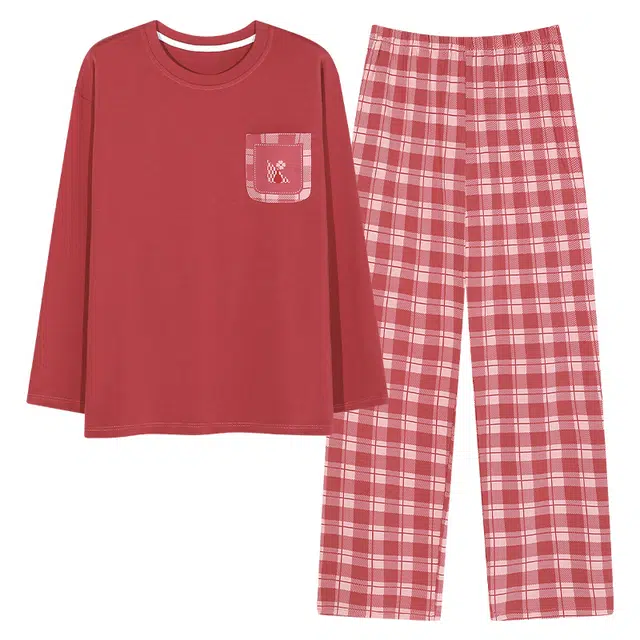 草本初色  春秋季舒适柔软简约时尚格子长袖家居服带胸垫防凹点可外穿睡衣套装 女款