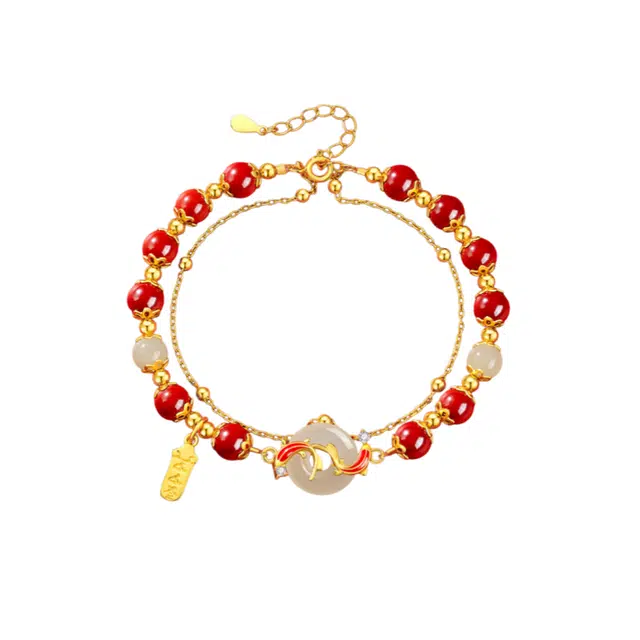 仙园韵 【运转锦鲤平安扣】幸运锦鲤平安扣 国潮风红珠手饰寓意吉祥如意串珠#好运 朱砂 手链 女款