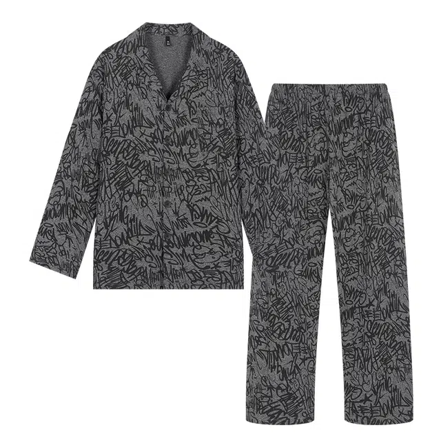 宫蝶 爽肤棉长袖满印家居服宽松复古开衫大码可外穿睡衣套装 男款