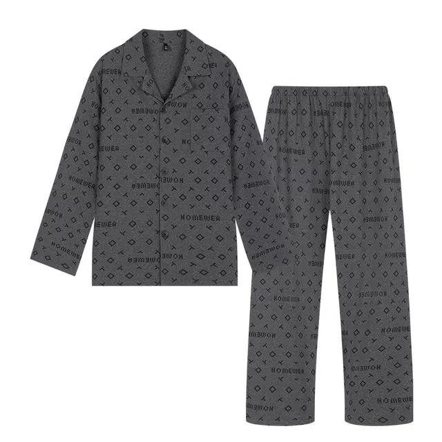 宫蝶 爽肤棉长袖家居服满印宽松休闲大码开衫可外穿睡衣套装 男款