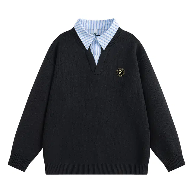 空白町 简约休闲潮流拼接条纹假两件翻领高智老钱风穿搭绞花毛衫套头落肩长袖舒适保暖上衣服基础款学院百搭时尚宽松针织衫  男女同款