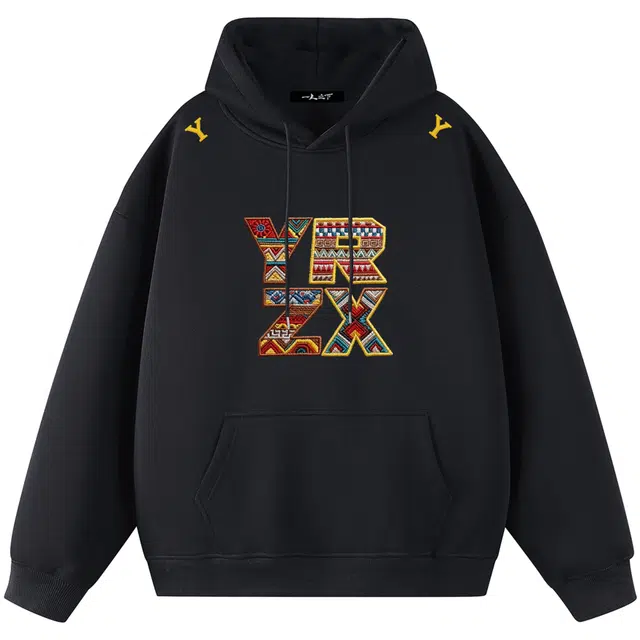 一人之下 美式高街潮牌仿刺绣花纹设计感品牌字母复古百搭运动连帽无性别主义慵懒风落肩休闲套头帽衫潮流个性情侣宽松舒适卫衣 男女同款