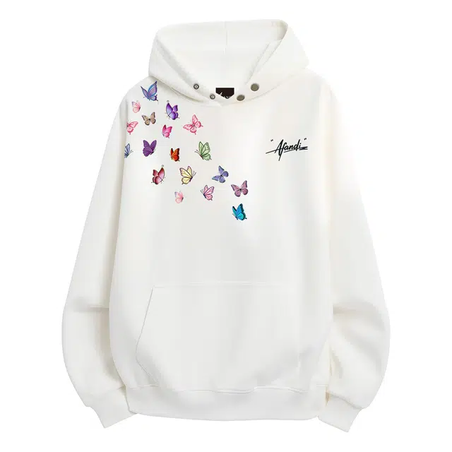 阿凡迪 美式高街潮流仿刺绣手写签名体蝴蝶印花高级感百搭舒适校园风休闲街头慵懒感基础纯色宽松氛围感纽扣连帽卫衣 男女同款