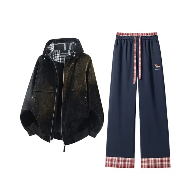 素杭 美式重磅帽衫复古雪尼尔连帽夹克外套搭配撞色格子松紧腰直筒卫裤两件套潮牌穿搭一整套休闲运动套装 男女同款