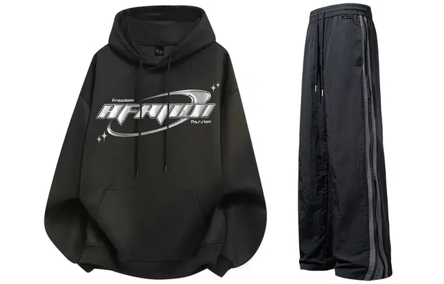 阿凡迪 美式复古街头简约基础设计环绕星星立体字母印花宽松舒适百搭时尚潮流通勤连帽长袖卫衣中腰防风防水直筒裤套装 男女同款