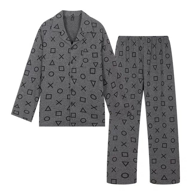 宫蝶 长袖爽肤棉复古风满印开衫家居服宽松可外穿大码睡衣套装 男款