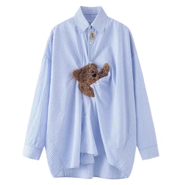地界二 小熊玩偶拼接蓝色条纹春秋宽松不规则衬衫 男款