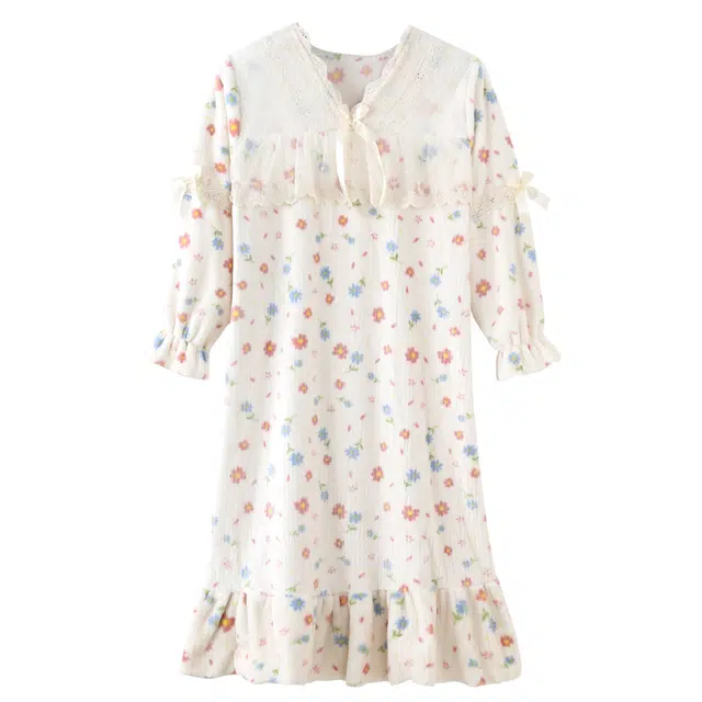 顶瓜瓜 珊瑚绒保暖加绒加厚公主风碎花满印长袖休闲家居服睡裙 女款